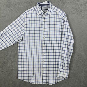 Charles Tyrwhitt Men 16.5-36 Shirt Dress Slim Fit White Blue Check Button Up EUC